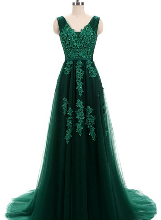 Solvbao Green Tulle V-neckline Long Applique Party Gowns, Dark Green Prom Dress, Formal Dress