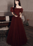 solvbao Burgundy Off Shoulder Scoop Long Formal Dress, Burgundy A-line Evening Dress