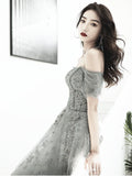 solvbao Grey Off Shoulder A-line Tulle with Lace Long Party Dress, Grey Evening Dresses Prom Dress