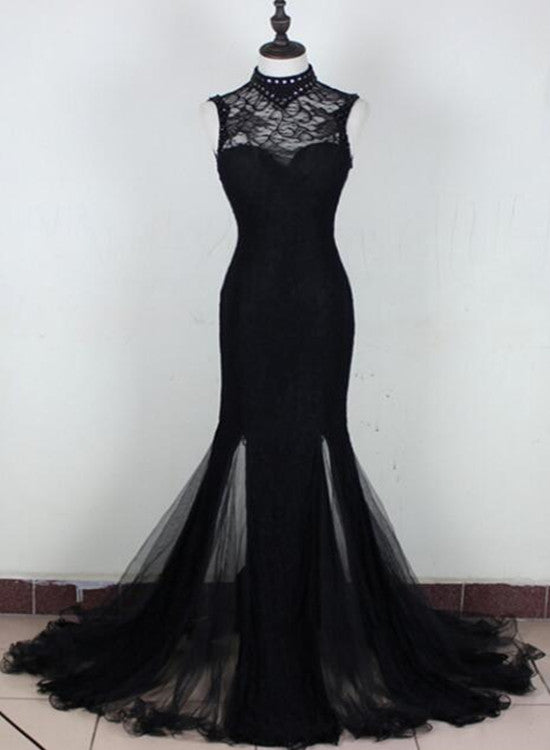 solvbao Charming Black Slit Mermaid Tulle and Lace Evening Gown, Black Formal Dresses