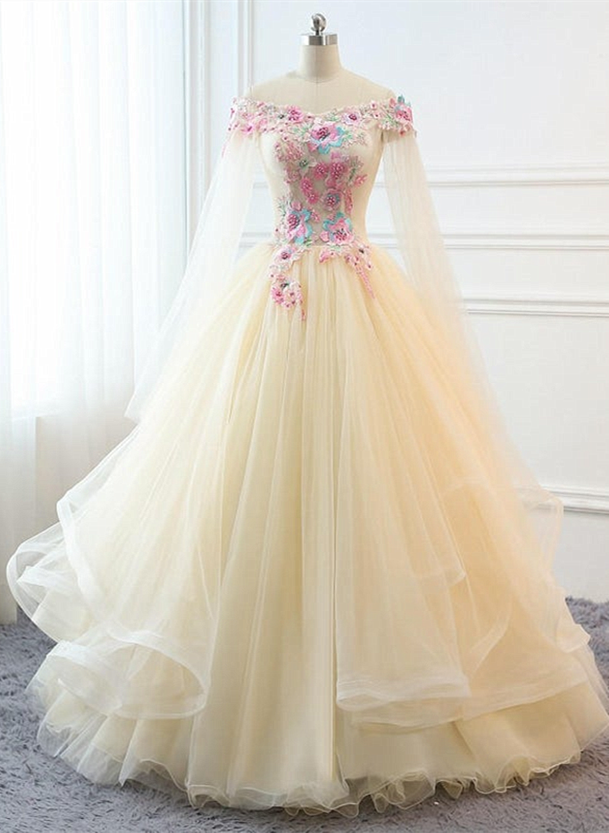 solvbao Light Champagne Off Shoulder Tulle with Flowers Formal Gown, Long Sweet 16 Dress