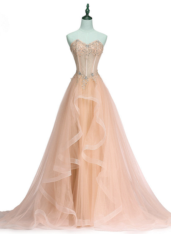 solvbao Charming Sweetheart Tulle A-line Lace Applique Party Dress, Beautiful Formal Gown