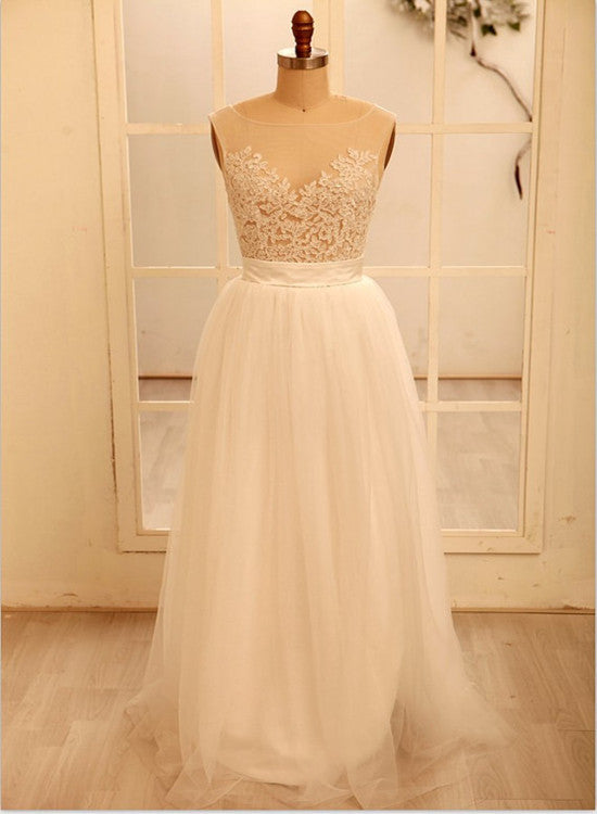 solvbao White Beautiful Tulle and Applique Beach Wedding Dress, Simple See through Party Dress