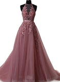 solvbao Prom Dresses , Tulle Halter Floor Length Party Dresses, Formal Gowns