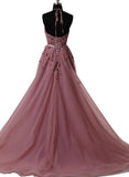 solvbao Prom Dresses , Tulle Halter Floor Length Party Dresses, Formal Gowns