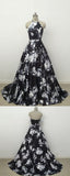 Solvbao Charming Black Floral Satin Halter Long Formal Dress, Junior Prom Dress