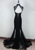 solvbao Charming Black Slit Mermaid Tulle and Lace Evening Gown, Black Formal Dresses