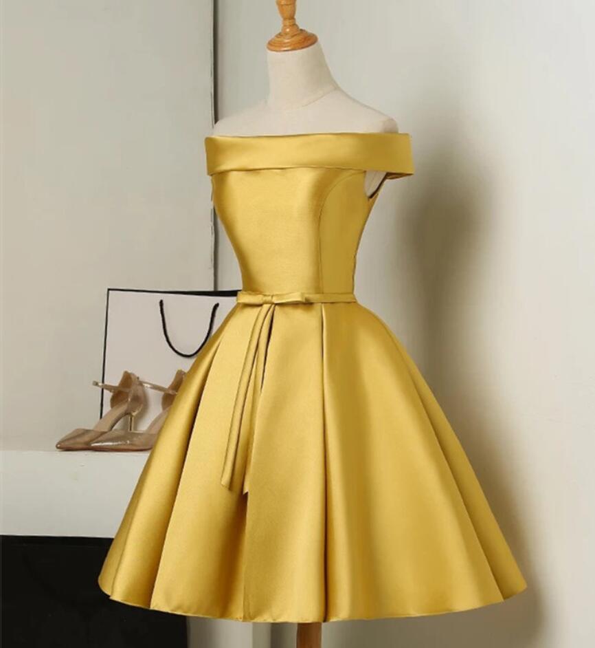 Solvbao Gold Satin Off Shoulder Short Formal Dress , Lovely Formal Dresses