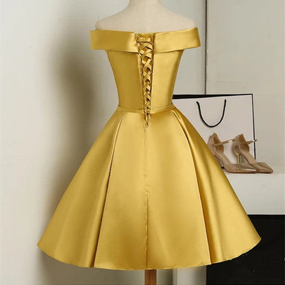 Solvbao Gold Satin Off Shoulder Short Formal Dress , Lovely Formal Dresses