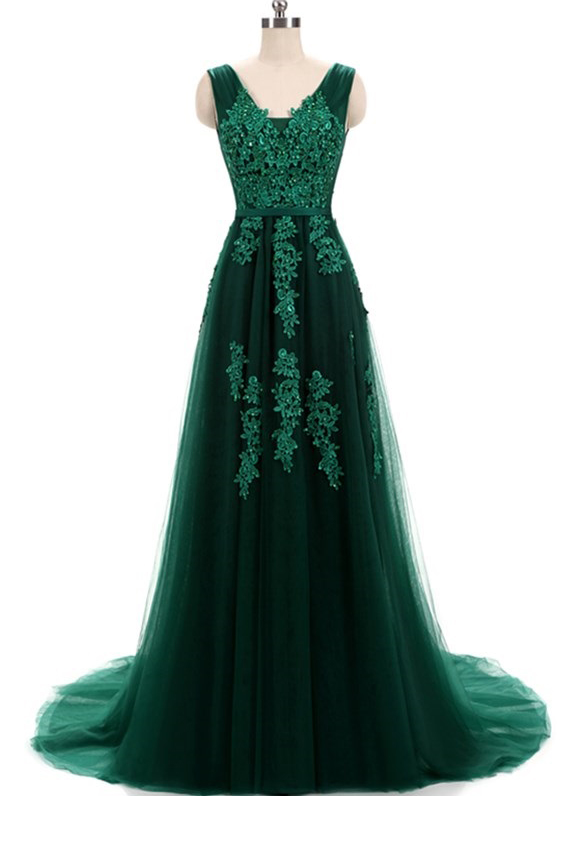 Solvbao Green Tulle V-neckline Long Applique Party Gowns, Dark Green Prom Dress, Formal Dress