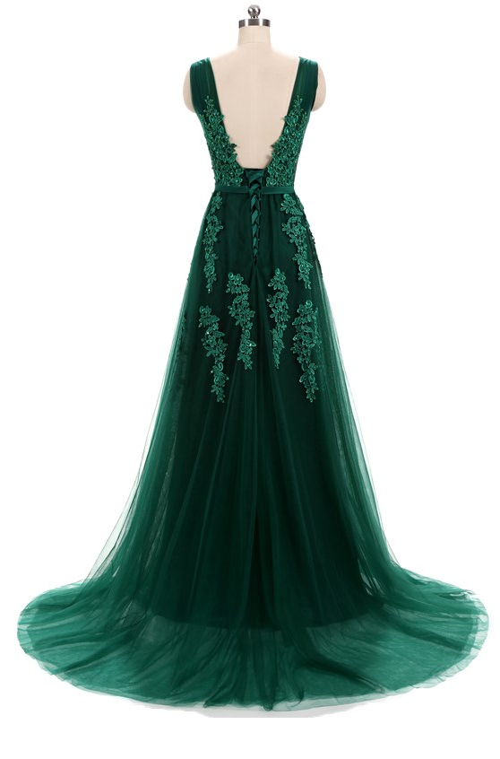 Solvbao Green Tulle V-neckline Long Applique Party Gowns, Dark Green Prom Dress, Formal Dress