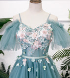 Solvbao Beautiful Green Tulle Off Shoulder Party Dress, A-line Prom Dress with Flowers