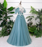 Solvbao Beautiful Green Tulle Off Shoulder Party Dress, A-line Prom Dress with Flowers