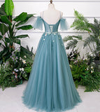 Solvbao Beautiful Green Tulle Off Shoulder Party Dress, A-line Prom Dress with Flowers