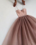 kamahe Dusty Rose A-Line Tulle Floor Length Spaghetti Straps Sweetheart Evening Party Dresses Prom Dresses