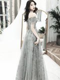 solvbao Grey Off Shoulder A-line Tulle with Lace Long Party Dress, Grey Evening Dresses Prom Dress