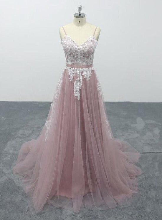 Solvbao Pink Tulle V-Neck Spaghetti Straps Bridal Gown, Floor-Length A-line Wedding Party Dress Formal Dress