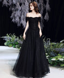 solvbao Black Off Shoulder Long Party Dress Prom Dress, Unique Black Evening Party Dresses