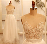 solvbao White Beautiful Tulle and Applique Beach Wedding Dress, Simple See through Party Dress