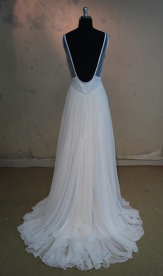 solvbao White Chiffon and Lace Backless Simple Wedding Dress, Beautiful White Prom Dress