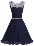 solvbao Beautiful Navy Blue Chiffon and Sequins Knee Length Formal Dress, Blue Homecoming Dress