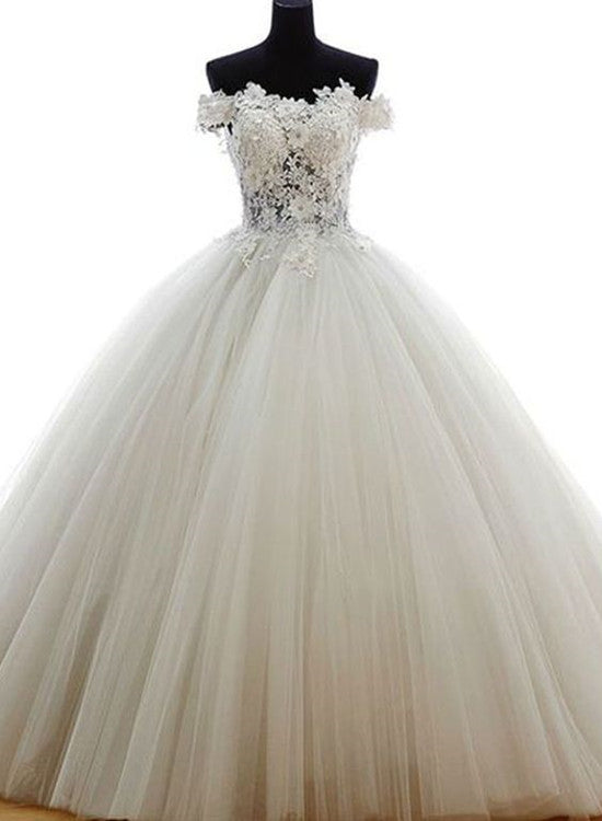 solvbao White Tulle and Lace Applique Off Shoulder Wedding Gown, Beautiful Sweet 16 Dresses