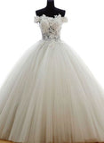 solvbao White Tulle and Lace Applique Off Shoulder Wedding Gown, Beautiful Sweet 16 Dresses