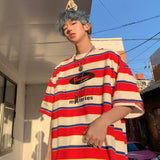 Solvbao Striped Contrast Short Sleeve T-Shirt Men's Trendy Summer Street Hip Hop Loose Retro Couple Tops Personality Cotton Half Sleeve