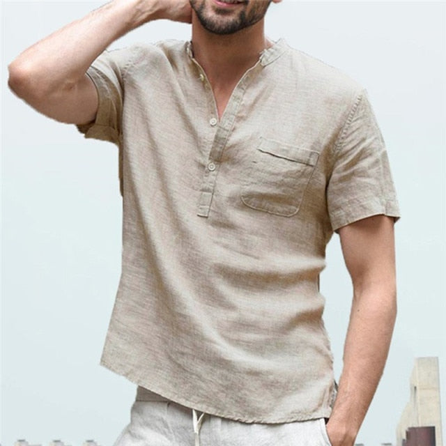 Solvbao Men's Flax Linen T-Shirt Casual V-Neck Button Down T-Shirts Slim Fit Cotton Linen Short Sleeve Basic Top Male Breathable