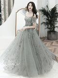 solvbao Grey Off Shoulder A-line Tulle with Lace Long Party Dress, Grey Evening Dresses Prom Dress