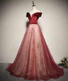 Solvbao Wine Red A-line Off Shoulder Tulle with Velvet Prom Dress, Wine Red Tulle Formal Dress