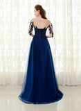 solvbao Navy Blue Tulle A-line Party Dress with Lace Applique, Blue Formal Dress Party Dress