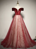 Solvbao Wine Red A-line Off Shoulder Tulle with Velvet Prom Dress, Wine Red Tulle Formal Dress