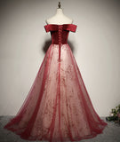 Solvbao Wine Red A-line Off Shoulder Tulle with Velvet Prom Dress, Wine Red Tulle Formal Dress