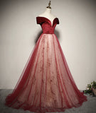 Solvbao Wine Red A-line Off Shoulder Tulle with Velvet Prom Dress, Wine Red Tulle Formal Dress