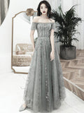 solvbao Grey Off Shoulder A-line Tulle with Lace Long Party Dress, Grey Evening Dresses Prom Dress