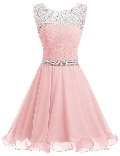 Solvbao Pink Chiffon Crystal Homecoming Dress, Short Beaded Party Dress, Prom Dress