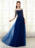 solvbao Navy Blue Tulle A-line Party Dress with Lace Applique, Blue Formal Dress Party Dress