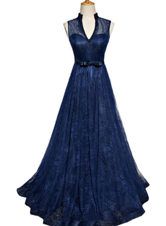 Solvbao Navy Blue Lace V-neckline Open Back Evening Gown, Blue Floor Length Party Dress