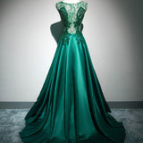 Solvbao Green Satin Elegant with Lace Top Long Evening Party Dress, Green Prom Dress