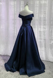 Solvbao Navy Blue Satin Off Shoulder Floor Length Evening Dress Prom Dress, Blue Formal Dresses