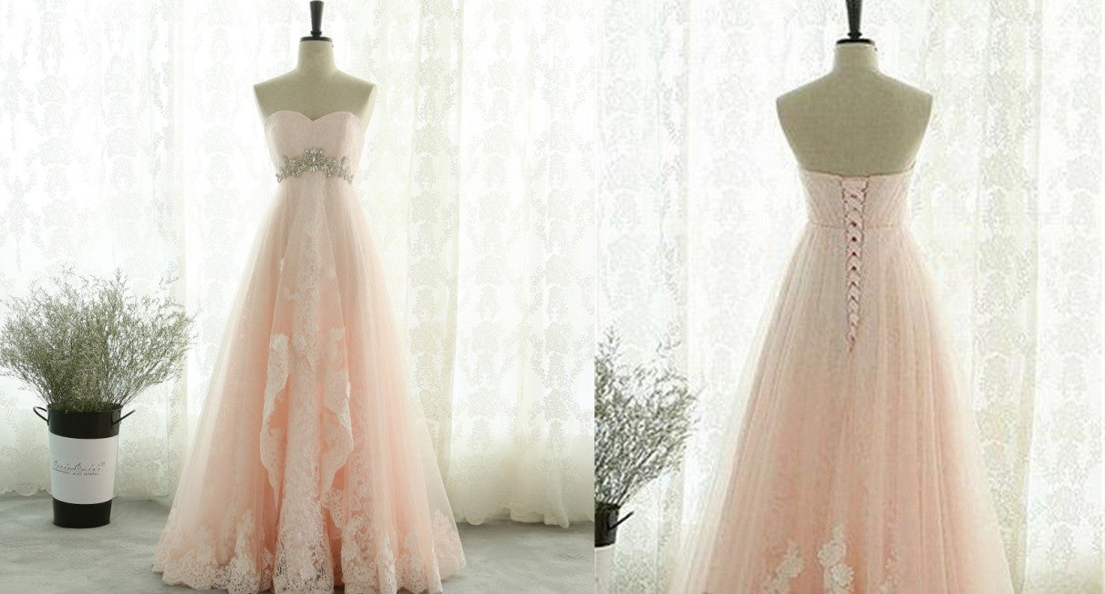 Solvbao Pink Sweetheart Lace and Beaded Long Prom Dress, Pink Tulle Evening Dress