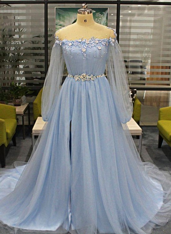 Solvbao Baby Blue Tulle Long Beaded Sweet 16 Prom Dress With Sleeves, Slit Evening Dress