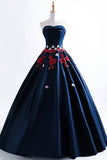 Solvbao Navy Blue Satin Scoop Ball Gown Floor Length Party Dress, Blue Evening Dress