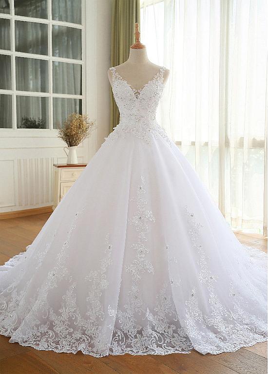 solvbao Beautiful White Tulle with Lace V-neckline Wedding Dress, White Beautiful Prom Dress Party Dress