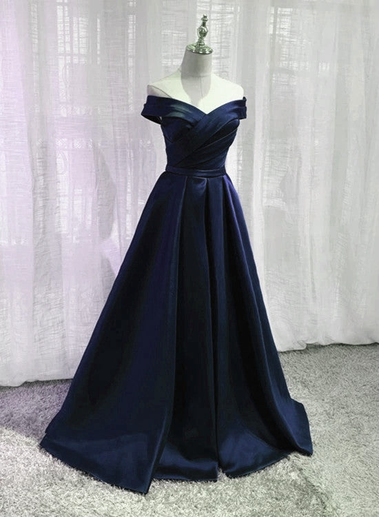 Solvbao Navy Blue Satin Off Shoulder Floor Length Evening Dress Prom Dress, Blue Formal Dresses