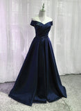 Solvbao Navy Blue Satin Off Shoulder Floor Length Evening Dress Prom Dress, Blue Formal Dresses