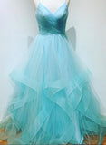 Solvbao Light Blue V-neckline Straps Layers Long Party Dress, Light Blue Evening Dress Formal Dress