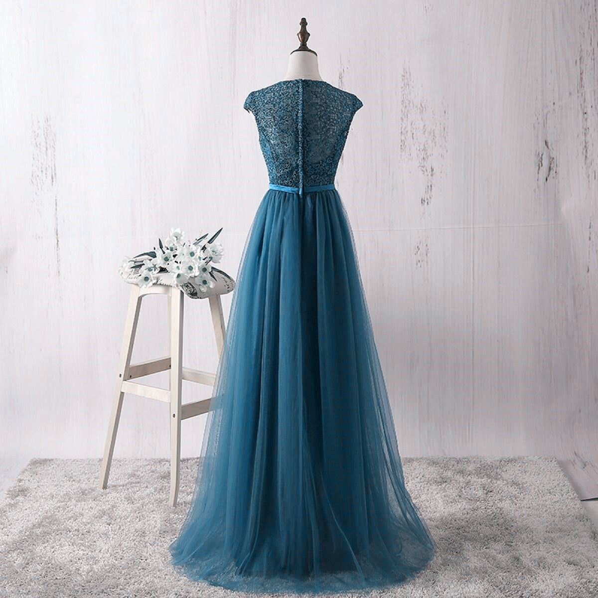 Solvbao Simple Teal Blue Lace and Tulle Bridesmaid Dresss, Long Prom Dress, Party Dress