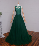 Solvbao Dark Green Tulle with Lace Applique Long Prom Dress, A-line Evening Dress, Formal Dress